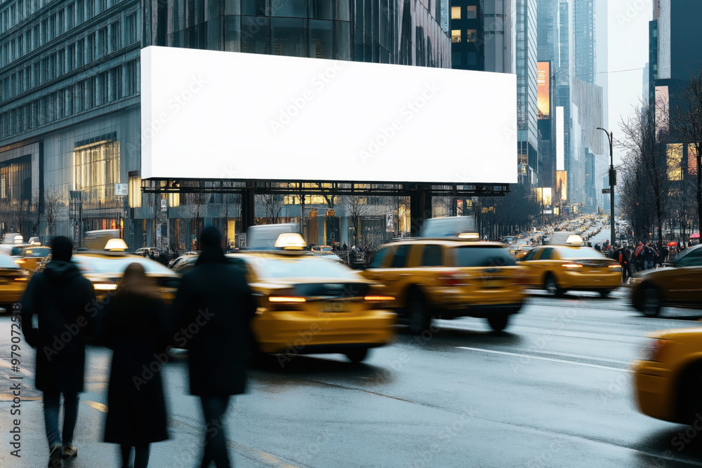 Image of a busy city street with blurred motion yellow taxis and ...