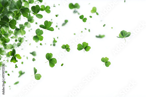 A swirl of four leaf clovers dancing gracefully in the air against a bright white background