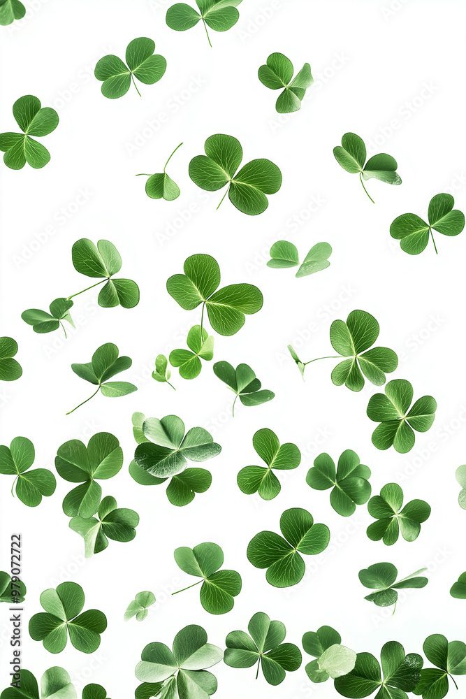 A swirl of four leaf clovers dancing gracefully in the air against a bright white background A swirl of four leaf clovers dancing gracefully in the air against a bright white background