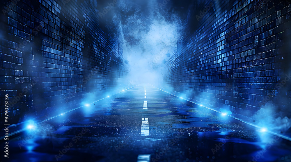 Obraz premium A Dark and Foggy Roadway Between Two Brick Walls Lit by Blue Lights