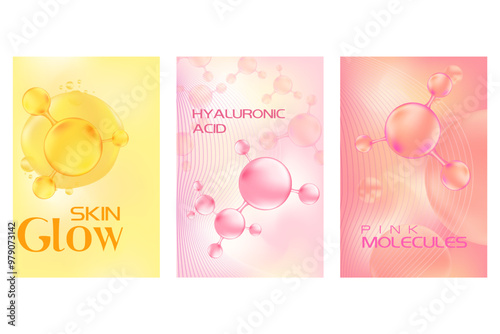 Abstract cosmetology poster set, collagen or hyaluronic acid molecule structure. Beauty treatment, nutrition skincare light pink, gold, peach background with copy space. Elegant scientific technology