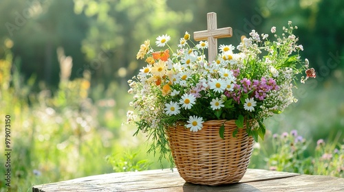 Christian cross and meadow flowers in wicker basket on table, natural background. Herbal consecration - traditional customs of August 15, day of the Assumption of Mary, generative ai photo