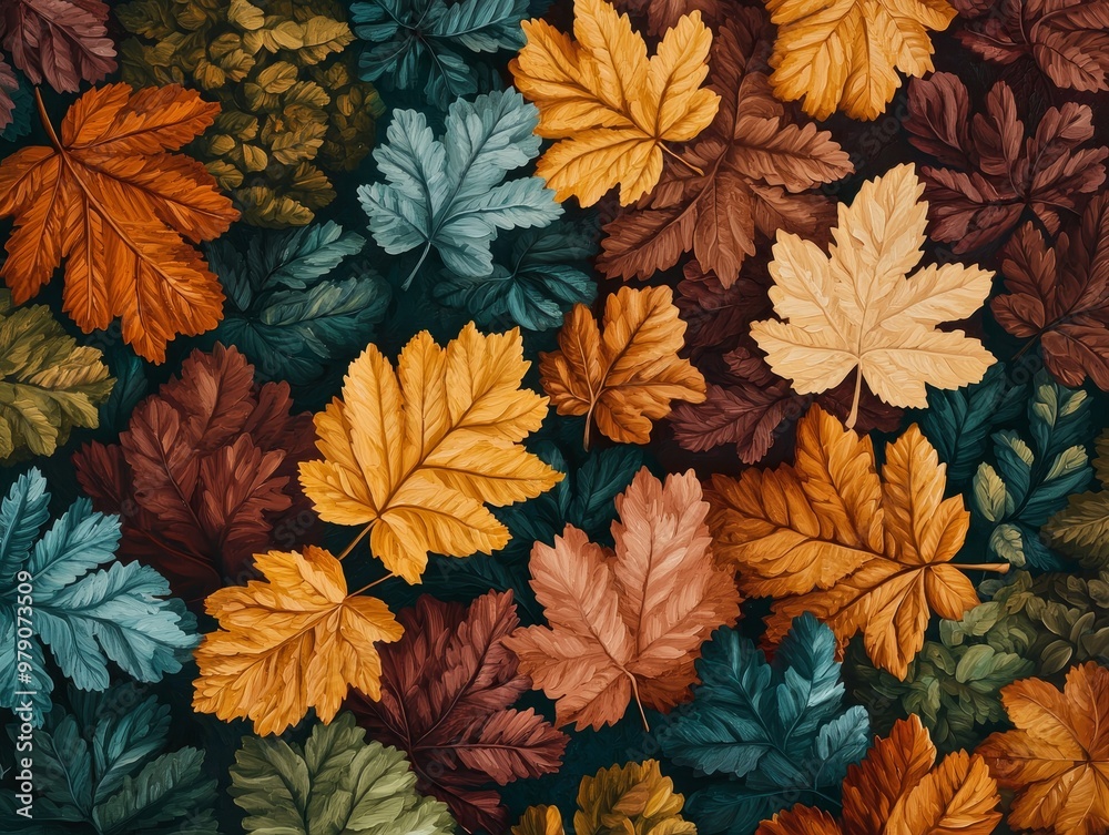 Fototapeta premium Produce an aerial view of a lush forest canopy during autumn, with vibrant foliage in various shades Employ an oil painting technique to bring out the rich colors and textures