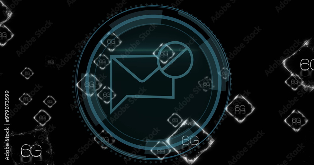 Image of 6g text and digital data processing over email icon and scope scanning Image of 6g text and digital data processing over email icon and scope scanning