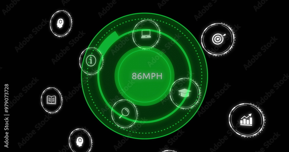 Image of digital icons and data processing over speedometer on black background Image of digital icons and data processing over speedometer on black background