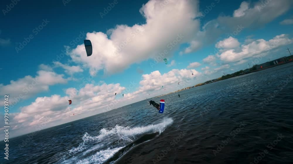 Cloudy sky over the bay with kiteboarders riding kiteboards. Active sports people and the beauty of nature. Air sport, slow motion video Cloudy sky over the bay with kiteboarders riding kiteboards. Active sports people and the beauty of nature. Air sport, slow motion video