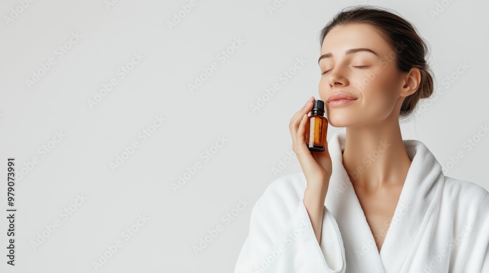 A Woman Relaxing with Essential Oil Bottle in Bathrobe A Woman Relaxing with Essential Oil Bottle in Bathrobe