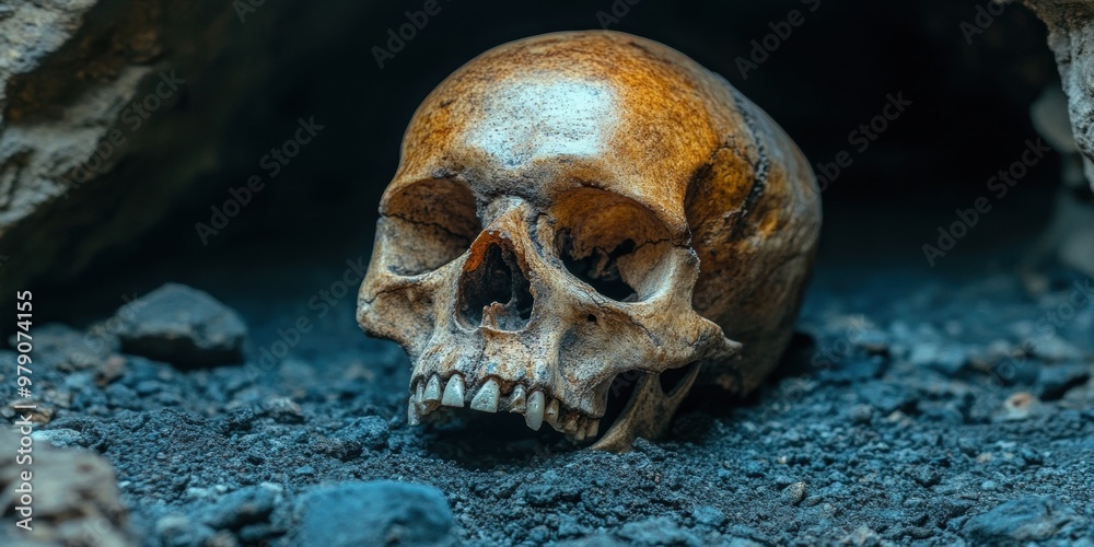 A detailed close-up of a human skull revealing the fine textures and natural aging effects over time A detailed close-up of a human skull revealing the fine textures and natural aging effects over time