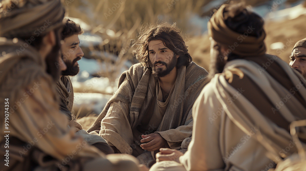 Obraz premium Jesus talking to his disciples, biblical times, photo realistic style.