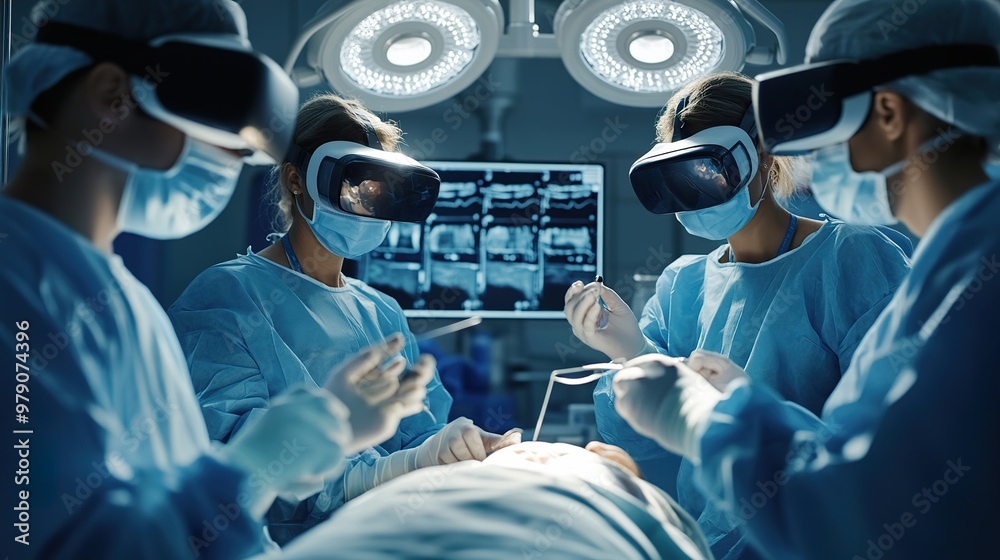Surgeons Wearing Glasses VR Headset Perform State-of-the-Art Augmented Reality Surgery in High Tech Hospital. Doctors and Assistants Working in Operating Room.