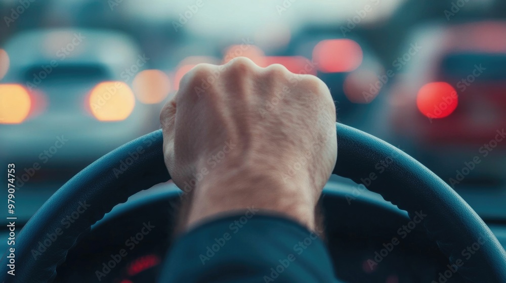 Close up of a person s hands tightly gripping the steering wheel of a car with a look of anger and on their face stuck in heavy traffic during a busy rush hour in the city