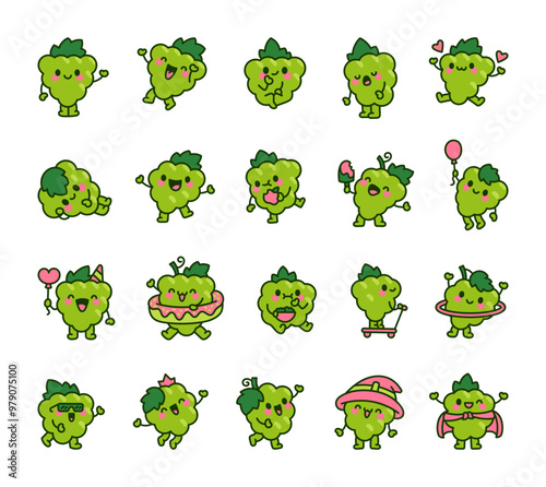 Cute kawaii bunch of grapes. Adorable food character. Hand drawn style. Vector drawing. Collection of design elements.