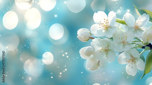 Delicate White Blossoms Flourish Against a Blue Bokeh Background, Capturing the Essence of Springtime and Tranquility.