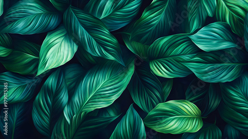 Vibrant Green Leaves in a Lush, Tropical Illustration Pattern