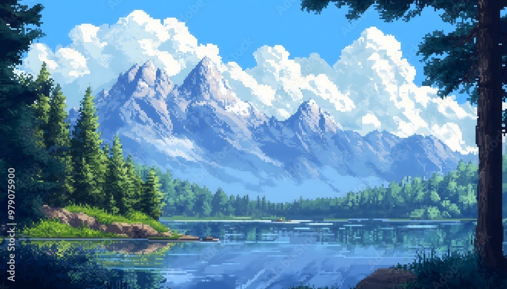 Naklejka premium A digital illustration of beautiful a pixel art landscape