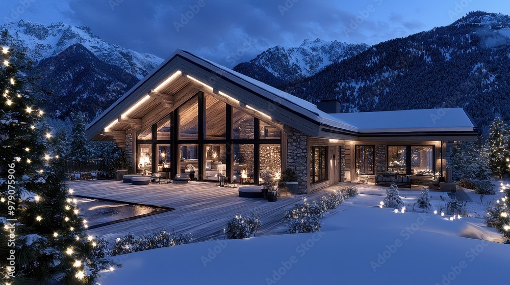 Modern Log Cabin With Mountain View And Christmas Lights Modern Log Cabin With Mountain View And Christmas Lights