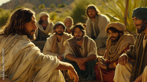 Jesus talking to his disciples, biblical times, photo realistic style. photo