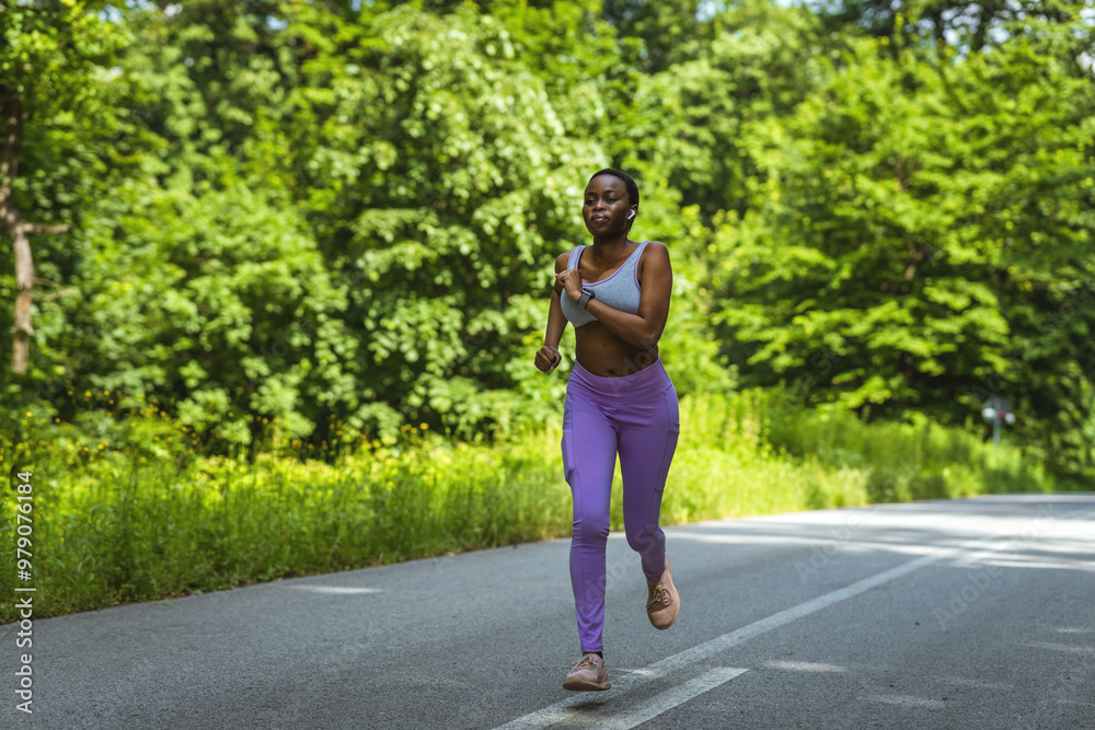 Outdoor, woman and running for fitness, exercise and cardio routine for sports with smile. Nature, female runner and earpods with endurance for marathon, training and resilience for wellness goals. Outdoor, woman and running for fitness, exercise and cardio routine for sports with smile. Nature, female runner and earpods with endurance for marathon, training and resilience for wellness goals.
