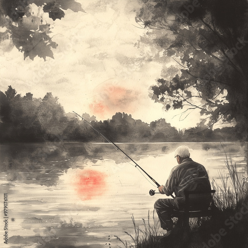 silhouette illustration of an old man fishing by the lake photo