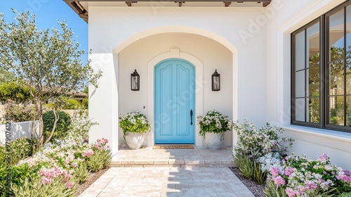 Beautiful Blue Front Door with White Trim and Flowers