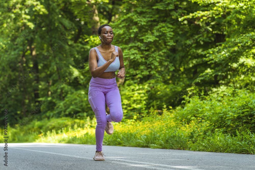 Woman, runner and fitness on mountain with music for wellness workout or cardio training with audio motivation. Black woman, athlete and listening or streaming radio podcast, sports running outdoor. Woman, runner and fitness on mountain with music for wellness workout or cardio training with audio motivation. Black woman, athlete and listening or streaming radio podcast, sports running outdoor.