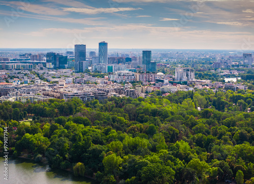 Northern part of Bucharest from above. Aerial cityscape photo with Bucharest, Romania, next to Arch of Triumph, Herastrau Lake and Free Press Square (Piata Presei Libere in Romanian). Visit Romania.