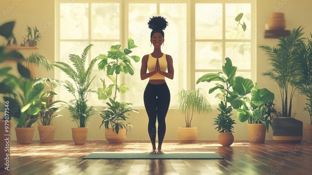 A woman standing on a yoga mat in front of a window A woman standing on a yoga mat in front of a window