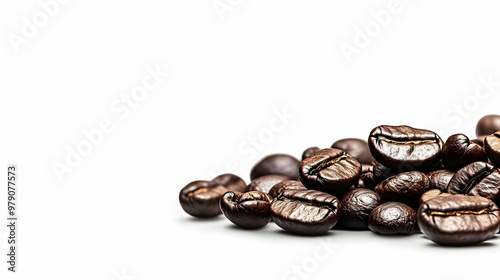 Close-up of Roasted Coffee Beans Scattered on a White Background, a Still Life Photograph Showcasing the Rich Color and Detail of the Beans