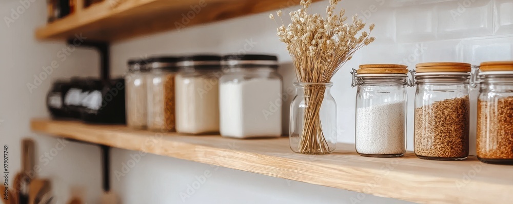 Rustic kitchen shelf displaying various jars filled with ingredients and a touch of dried flowers for a cozy aesthetic. Rustic kitchen shelf displaying various jars filled with ingredients and a touch of dried flowers for a cozy aesthetic.