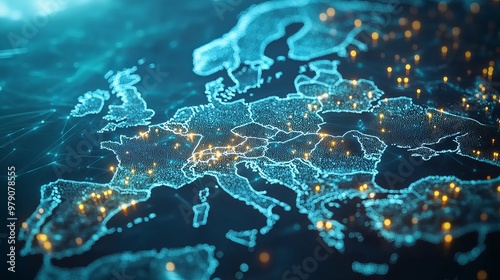 Global internet-connected communication technology in Europe. European connection lines for data transport and telecommunication. Blockchain, business, finance, IoT, and security. 