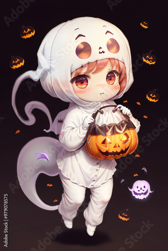 Chibi Ghost with Halloween Candy Bag Full-Body Illustration photo