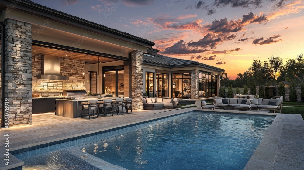 There's a tranquil luxury resort with travertine pavers surrounding a sparkling pool, plush poolside cabanas with plush seating, and a modern outdoor kitchen with a stone grill. There's a tranquil luxury resort with travertine pavers surrounding a sparkling pool, plush poolside cabanas with plush seating, and a modern outdoor kitchen with a stone grill.