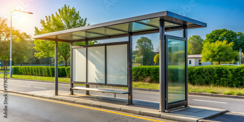 Empty bus shelter with clear glass panel in vibrant suburban area, ideal for local business ads