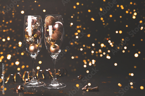 New Year composition with two glasses, decoration and lights.