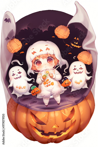 Chibi Ghost with Halloween Candy Bag Full-Body Illustration photo