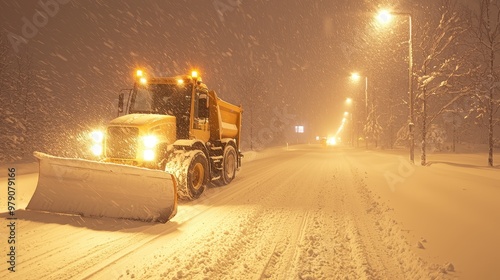 Snow Plow Clearing Road in Winter Blizzard at Night