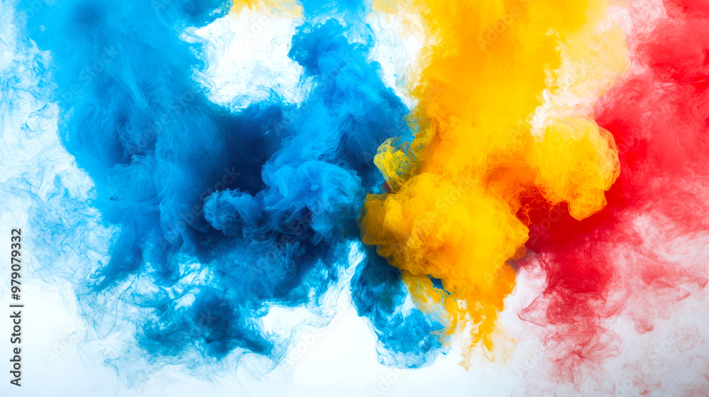 A backdrop for the design. The concept of the flag of Romania. Blue, yellow and red ink explodes on a white background. Colorful abstract background A backdrop for the design. The concept of the flag of Romania. Blue, yellow and red ink explodes on a white background. Colorful abstract background