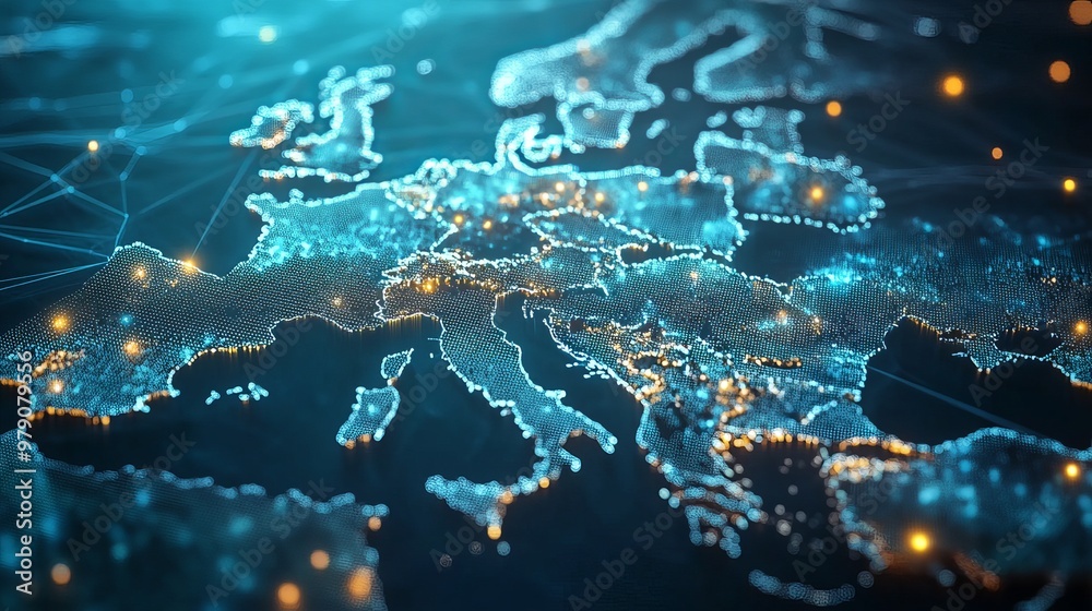 Fototapeta premium Global internet-connected communication technology in Europe. European connection lines for data transport and telecommunication. Blockchain, business, finance, IoT, and security. 