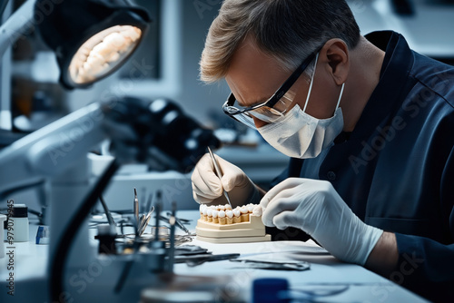 A dental technician in protective gear, including gloves, mask, and goggles, meticulously works on a dental model in a lab setting equipped with various dental tools and equipment. photo