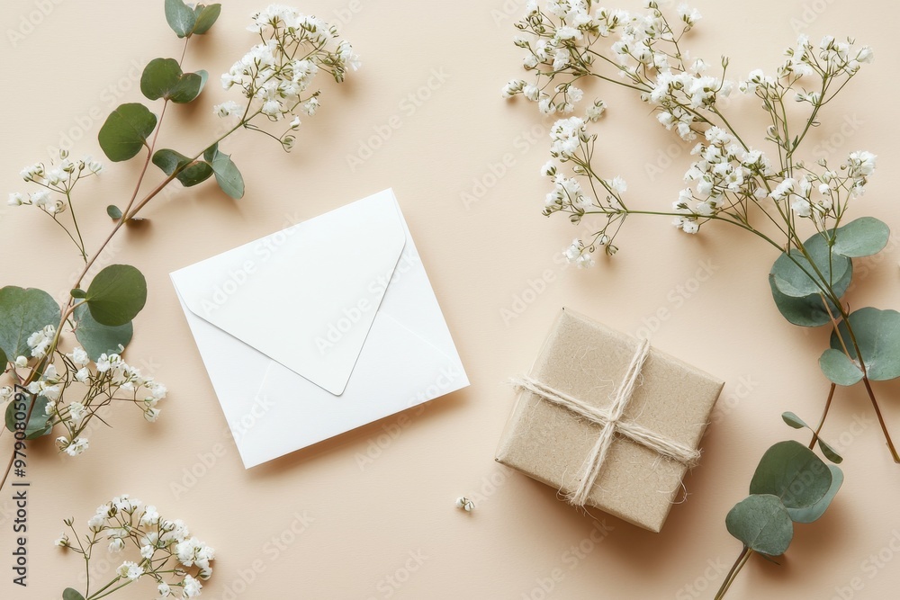 Greetings card mockup with envelope, gift box and eucalyptus and gypsophila twigs. Background is beige with white copy space.