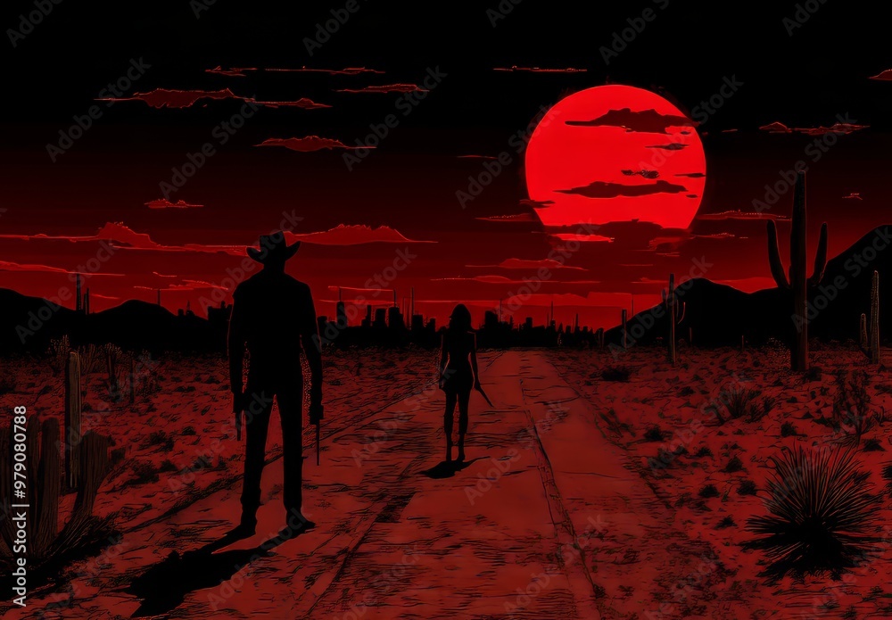 Illustration in 3D of an armed detective holding a gun in front of a lady wearing a black dress and hat on a background with red and black city stairs and skyscrapers in the background. Illustration in 3D of an armed detective holding a gun in front of a lady wearing a black dress and hat on a background with red and black city stairs and skyscrapers in the background.