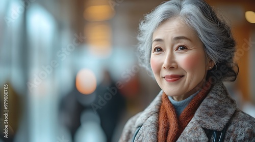 A smiling senior woman with gray hair looking off-camera with a soft focus background.