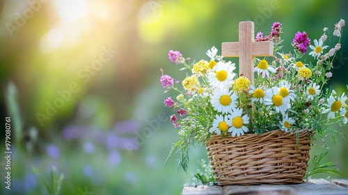 Christian cross and meadow flowers in wicker basket on table, natural background. Herbal consecration - traditional customs of August 15, day of the Assumption of Mary, generative ai