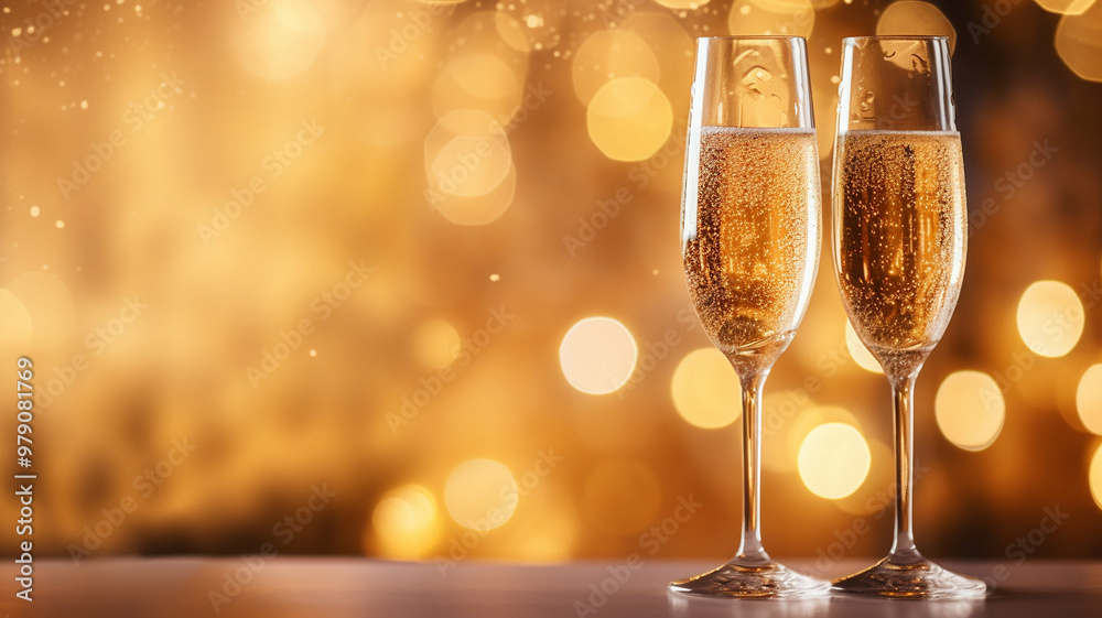Two champagne glasses filled with sparkling wine against a golden bokeh background, creating an elegant and festive atmosphere.