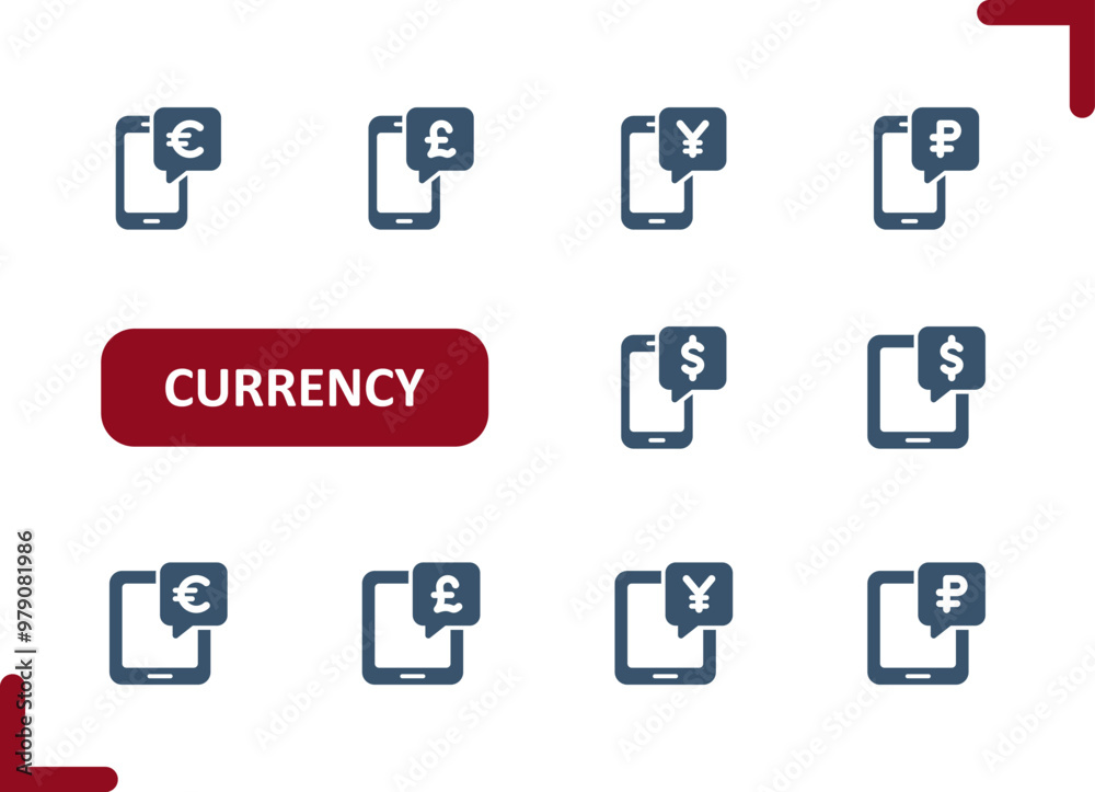 Currency Icons. Dollar, Euro, Pound, Yen, Yuan, Ruble, Smartphone, Tablet, Internet Banking, Online Shopping Icon Currency Icons. Dollar, Euro, Pound, Yen, Yuan, Ruble, Smartphone, Tablet, Internet Banking, Online Shopping Icon
