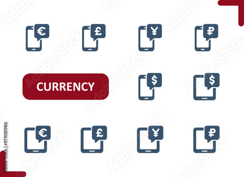 Currency Icons. Dollar, Euro, Pound, Yen, Yuan, Ruble, Smartphone, Tablet, Internet Banking, Online Shopping Icon