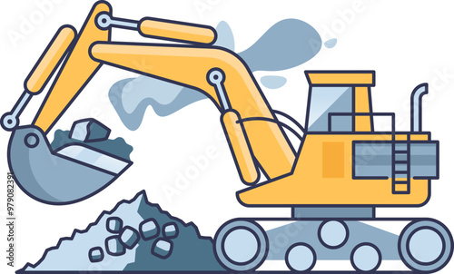 Cartoon excavator digging coal, with a full bucket and coal pile.