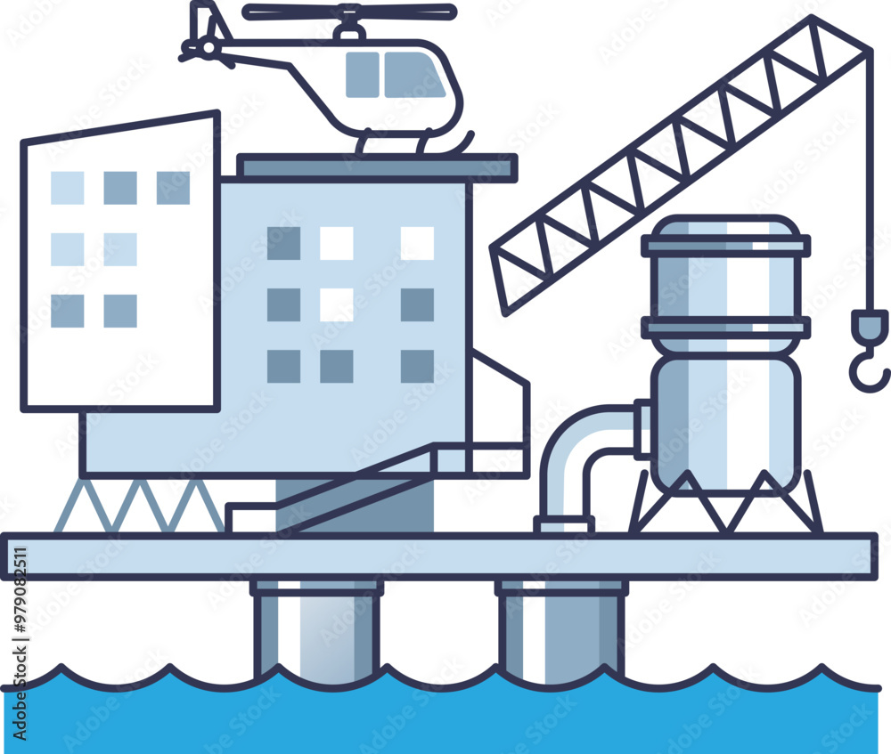 Illustration of an offshore oil platform with a helicopter on the helipad and a crane above the sea. Illustration of an offshore oil platform with a helicopter on the helipad and a crane above the sea.