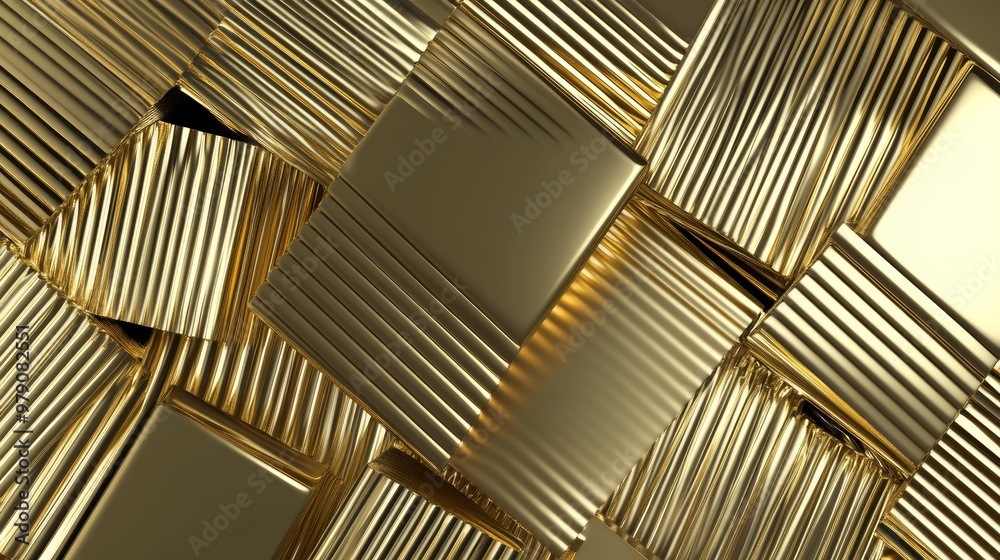 Fototapeta premium An arranged wall of gold tiles. A diamond-shaped, luxurious background created from 3D blocks.