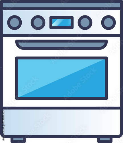 Cartoon of a modern stove and oven front view with knobs and a digital display.